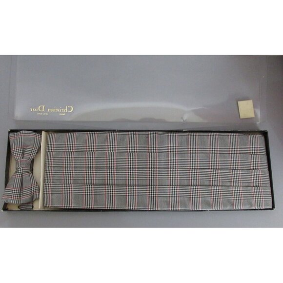 Christian Dior Mens Cummerbund & Bow Tie Set Plaid Orig. Box Tuxedo Prom Wedding - Picture 1 of 10
